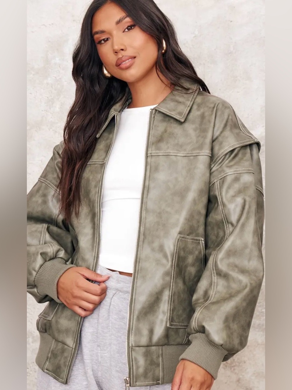 PrettyLittleThing DISTRESSED FAUX LEATHER OVERSIZED LONGLINE BOMBER JACKET